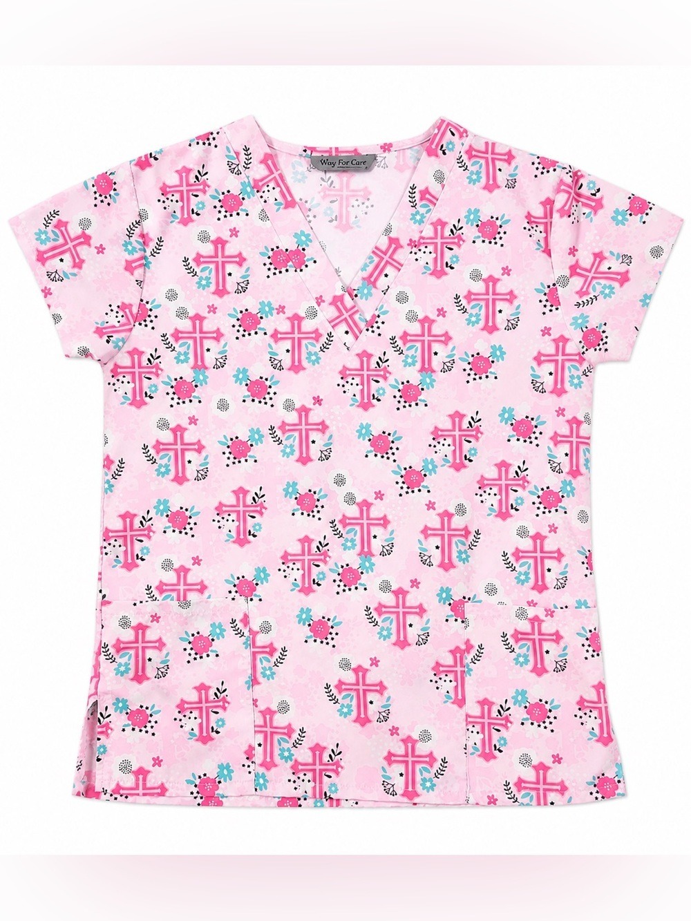 Wear For Care Pink Cross Scrub Top Size Small | V-Neck Medical Uniform | Nurse
